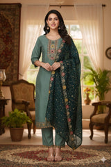 Elegant Sage Green Embroidered Kurta Set with Deep Green full Embroidered Dupatta
