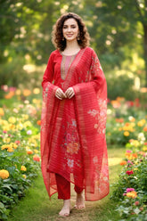Elegant Red Embroidered Suit Set with Dupatta