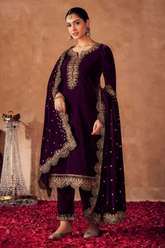 Unstitched Wine Embroidered Velvet Suit Set