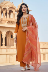 Rust Orange Rayon Kurta Set with Embroidered Yoke & Printed Dupatta