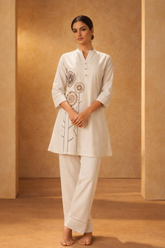 Ivory Cotton Kurta Set with Floral Thread Embroidery
