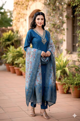 Elegant Navy Blue Kurta Set with Floral Printed Dupatta
