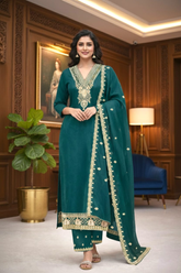 Unstitched Peacock Green Embroidered Velvet Suit Set