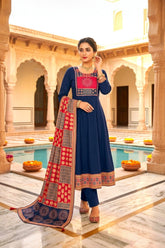 Royal Navy Blue Cotton Anarkali Kurta Set with Printed Dupatta