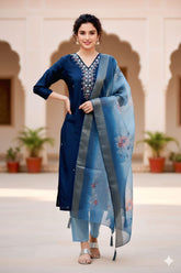 Graceful Navy Blue Embroidered Kurta Set with beautiful Organza Dupatta
