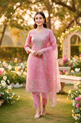 Elegant Pink Embroidered Kurta Set with embroidred Organza Dupatta