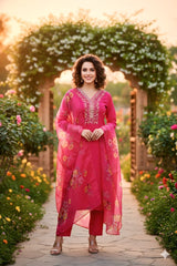 Rani Pink Floral Mirror Embroidered Kurta Set with Organza Dupatta