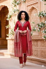 Elegant Maroon Embroidered Kurta Set with Dupatta