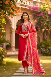 Premium Silk Embroidered Kurta Set with Printed Dupatta – Festive Red
