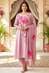 Blush Pink Chinon Hand Embroidery A-Line Kurta Set with Dupatta