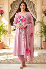 Blush Pink Chinon Hand Embroidery A-Line Kurta Set with Dupatta
