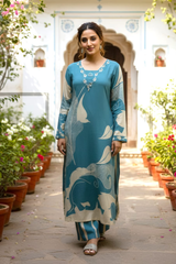 Teal Blue Rayon Co-ord Set with Artistic Leaf Print