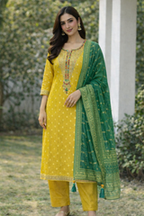 Elegant Mustard Yellow & Teal Green Embroidered Suit Set