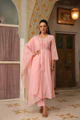 Blush Pink Mul Cotton Embroidered Kurta Set with Dupatta
