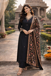 Elegant Black German Rayon Kurta Set with Embroidered Detailing & Digital Dupatta
