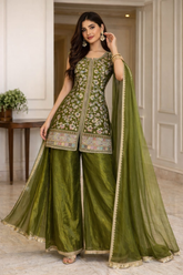 Royal Olive Green Hand Embroidered Sharara Set