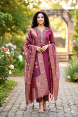 Elegant Wine Embroidered Suit Set with Floral Dupata