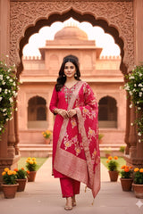 Rani Pink Embroidered Suit Set with Red Banarasi Dupatta