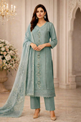 Sage Green Embroidered Roman Silk Kurta Set with Dupatta