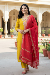 Sunshine Yellow Roman Silk Kurta Set with Embroidered Neck & Red Dupatta