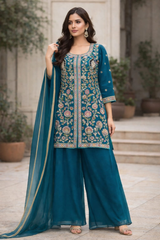 Royal Teal Blue Hand Embroidered Sharara Set