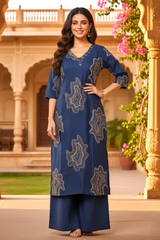 Midnight Blue Printed Cotton Blend Kurta Set