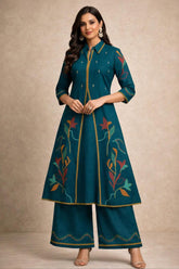 Graceful Teal Cotton Kurta Set with Artistic Detailing