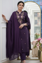 Purple Rayon Slub Kurta Set with Floral Embroidery & Dupatta