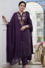 Purple Rayon Slub Kurta Set with Floral Embroidery & Dupatta