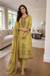 Mustard Yellow Linen Cotton Kurta Set with Dupatta