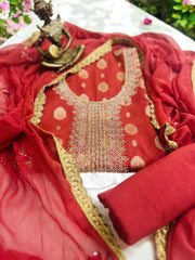 Graceful Banarasi Silk Embroidered Suit with Golden Detailing-Maroon