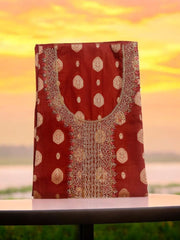 Graceful Banarasi Silk Embroidered Suit with Golden Detailing-Maroon