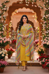 Elegant Embroidered Suit Set with Multicolor Dupatta – Mustard