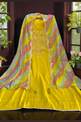 Elegant Embroidered Suit Set with Multicolor Dupatta – Mustard