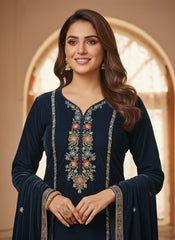 Fully Stitched- Navy Blue Velvet Embroidered Kurta Set with Velvet Shawl