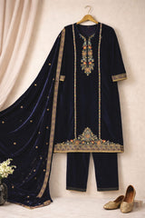 Fully Stitched- Navy Blue Velvet Embroidered Kurta Set with Velvet Shawl