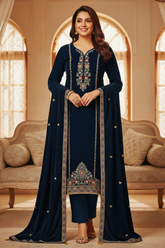 Fully Stitched- Navy Blue Velvet Embroidered Kurta Set with Velvet Shawl