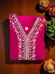 Rani Pink Floral Mirror Embroidered Kurta Set with Organza Dupatta