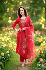 Elegant Red Embroidered Suit Set with Dupatta