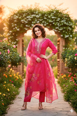 Rani Pink Floral Mirror Embroidered Kurta Set with Organza Dupatta
