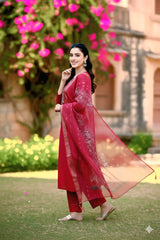 Cherry Red Embroidered Kurta Set with Organza Dupatta