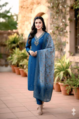Elegant Navy Blue Kurta Set with Floral Printed Dupatta