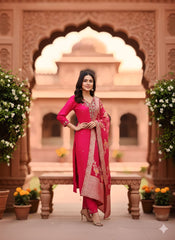 Rani Pink Embroidered Suit Set with Red Banarasi Dupatta