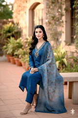Elegant Navy Blue Kurta Set with Floral Printed Dupatta
