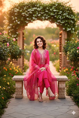 Rani Pink Floral Mirror Embroidered Kurta Set with Organza Dupatta