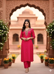 Rani Pink Embroidered Suit Set with Red Banarasi Dupatta
