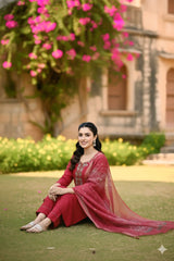 Cherry Red Embroidered Kurta Set with Organza Dupatta