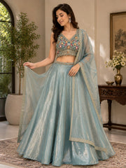 Dusty Blue Fendi Embroidered Lehenga Set with Dupatta (Sleeves Included)