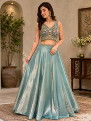 Dusty Blue Fendi Embroidered Lehenga Set with Dupatta (Sleeves Included)