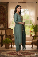 Elegant Sage Green Embroidered Kurta Set with Deep Green full Embroidered Dupatta